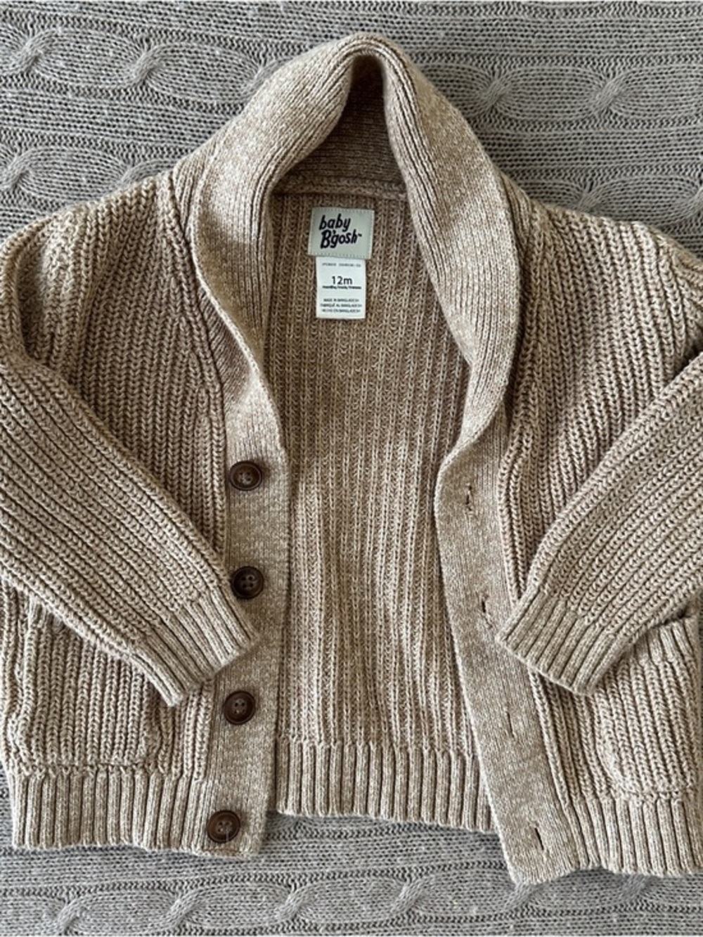 EUC Baby B'gosh Unisex Baby Shawl Collar Button Cardigan, Fawn, 12 Months